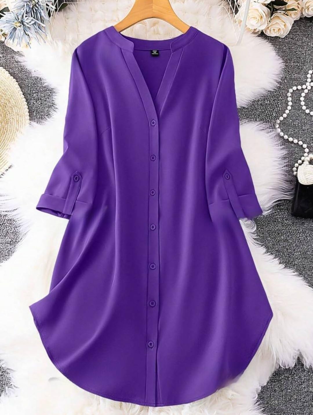 Gufrina Dresses For Women||Viscose Rayon Solid Button Front Shirt Dress For Women || Roll Tab Sleeve & Collared Neck Flared Dress ||Front Open Button|| Office || Short Dresses For Women.(Purple Xxl)