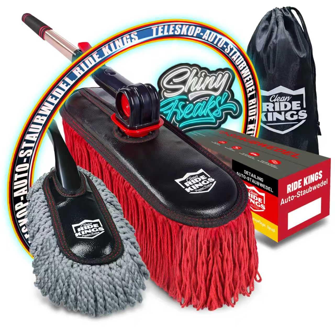 Clean RIDE KINGS Premium Products Auto Staubwedel Außen Kratzfest, Auto Bürste mit Teleskopstiel zur Staubentfernung, Reinigungspinsel für LKW, Wohnmobil und Motorrad, Großer Mopp-Kopf aus Baumwolle