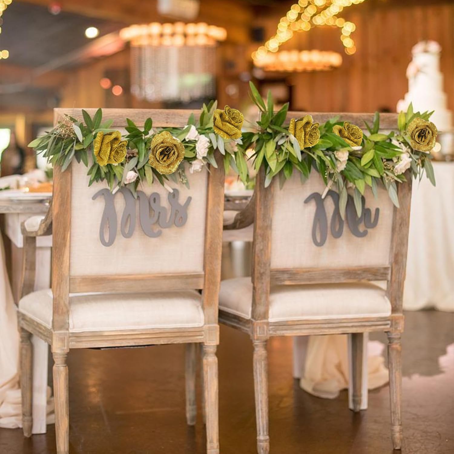 Gold Roses Artificial Flowers,30PCS Glitter Roses Bouquet Faux Roses with Stems for DIY Crafts Wedding Bouquet Party Home Decor(Gold) - Image 2