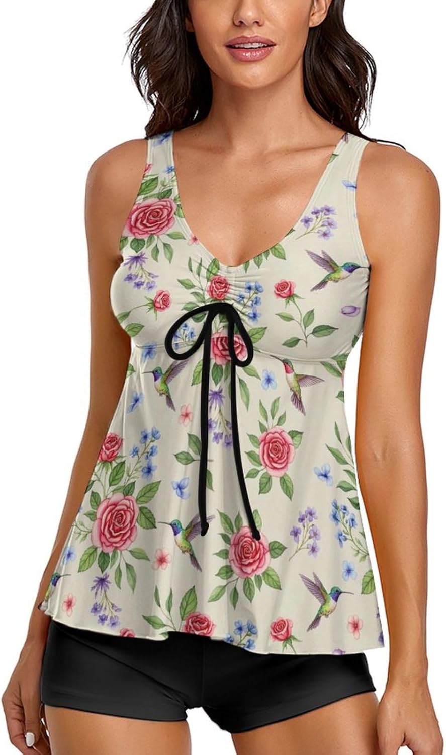 Women Tummy Control Drawstring Tankini Swimsuits, Sexy Two Piece Bathing Suits with Boyshorts for Beach