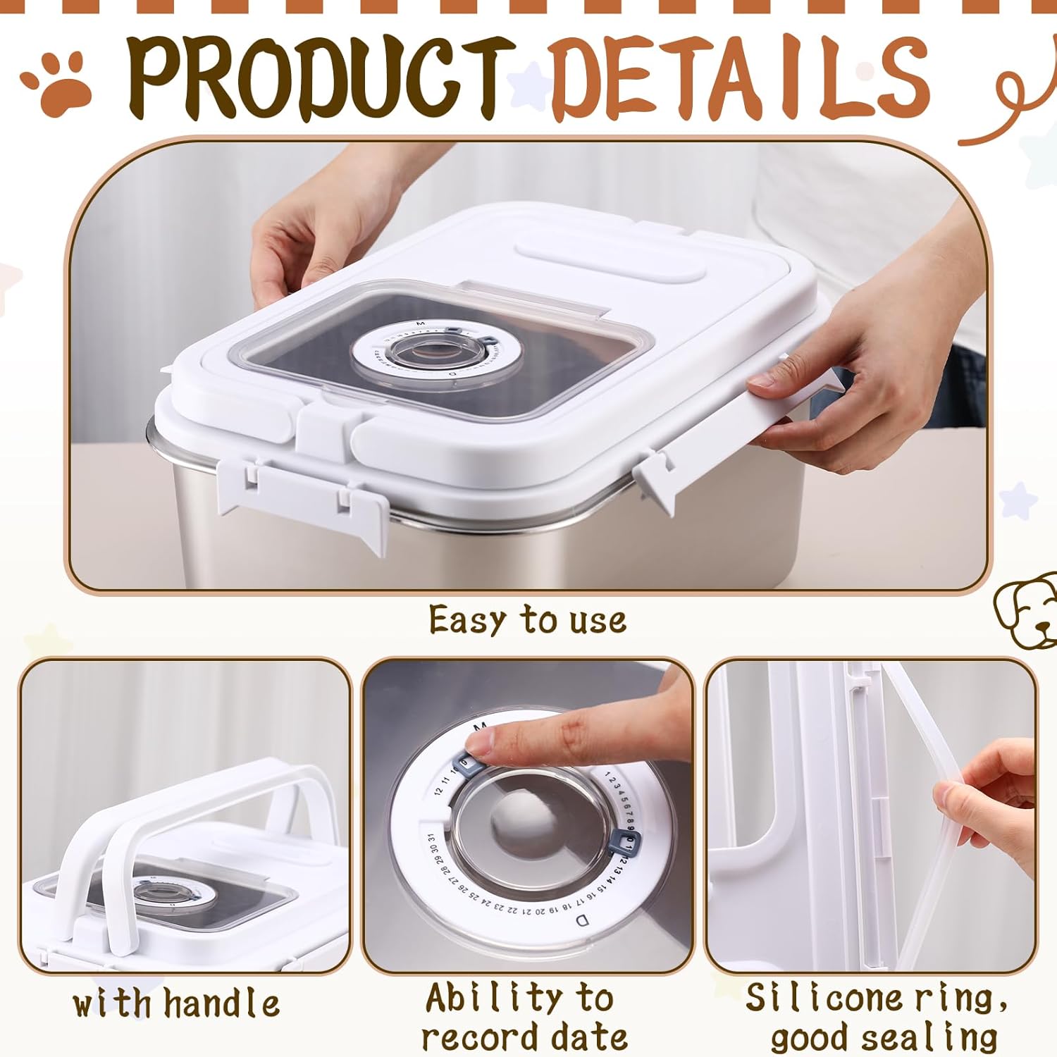 Honeydak 14.76 x 10.4 x 7.28 Inches Stainless Steel Dog Food Storage Container with Silicone Airtight Lid with Scoop Metal Pet Dog Cat Food Storage Container Keep Fresh Easy to Clean