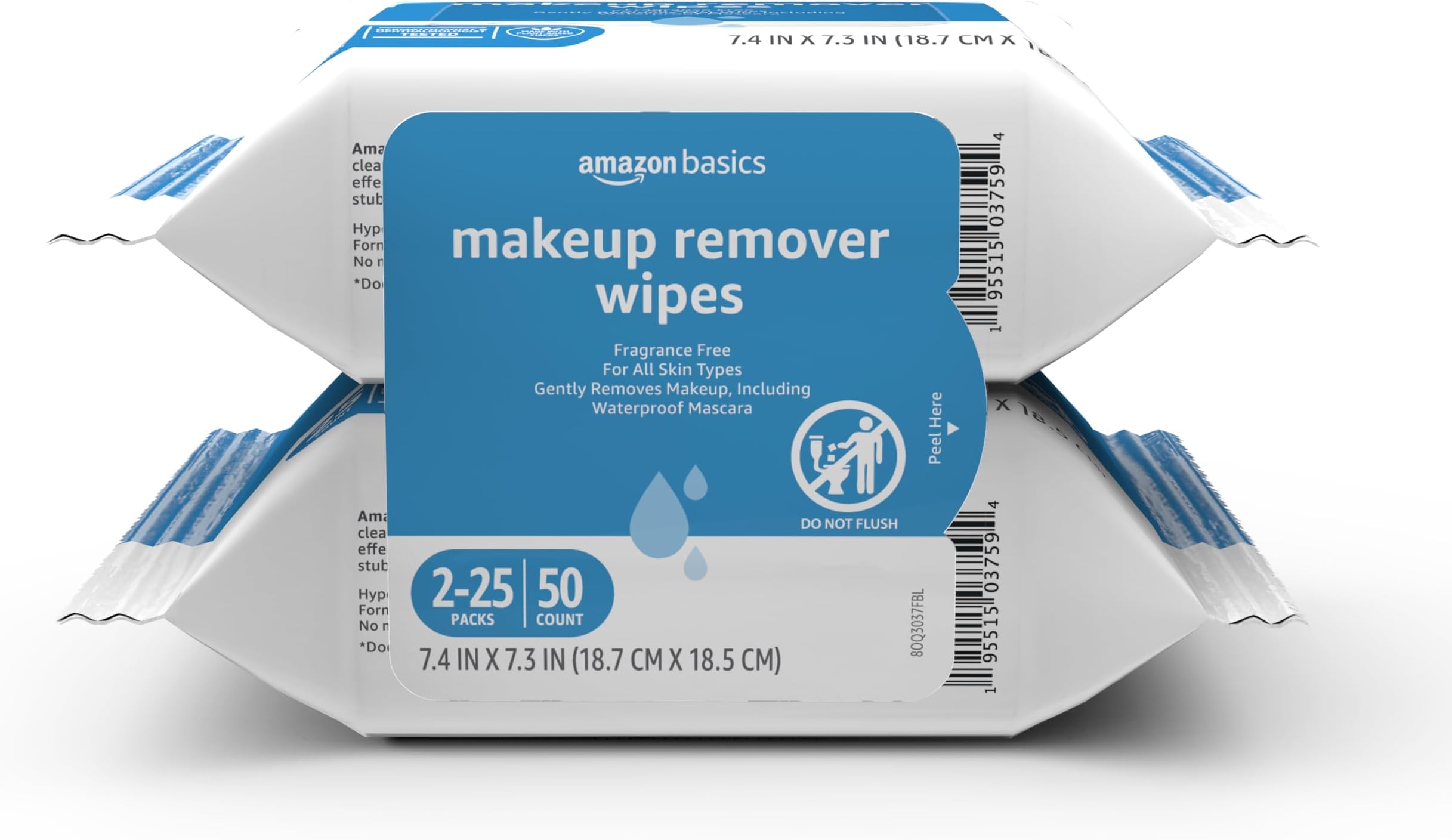 Amazon Basics Makeup Remover Wipes, Formulated without Fragrance and Alcohol-Free, Gentle Cleansing, Removes Waterproof Mascara, Dermatologist Tested, 25 Count, Pack of 2