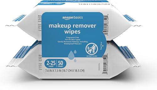 Amazon Basics Makeup Remover Wipes, Formulated without Fragrance and Alcohol-Free, Gentle Cleansing, Removes Waterproof Mascara, Dermatologist Tested, 25 Count, Pack of 2