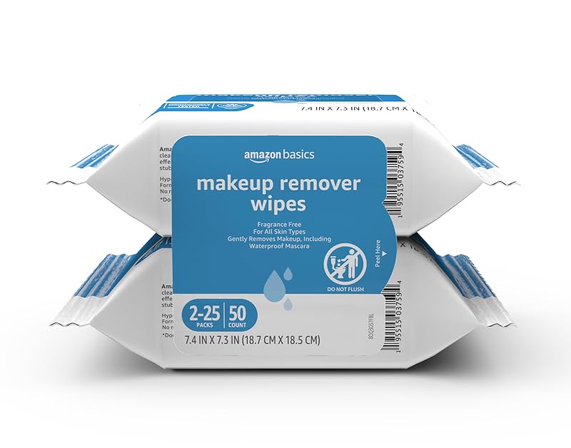 Lenços removedores de maquiagem Amazon Basics sem fragrância e sem álcool, 25 unidades, pacote com 2