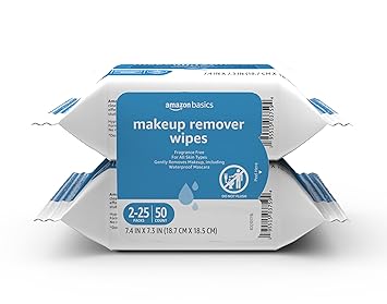 Amazon Basics Makeup Remover Wipes, Formulated without Fragrance and Alcohol-Free, Gentle Cleansing, Removes Waterproof Mascara, Dermatologist Tested, 25 Count, Pack of 2