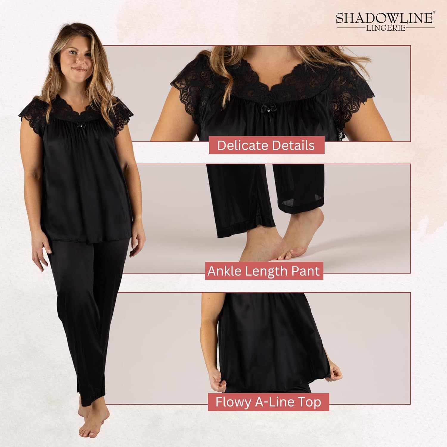 Shadowline Women’s Lace Cap Sleeve Pajama Set Top 27”- Bottom 40.5” Length