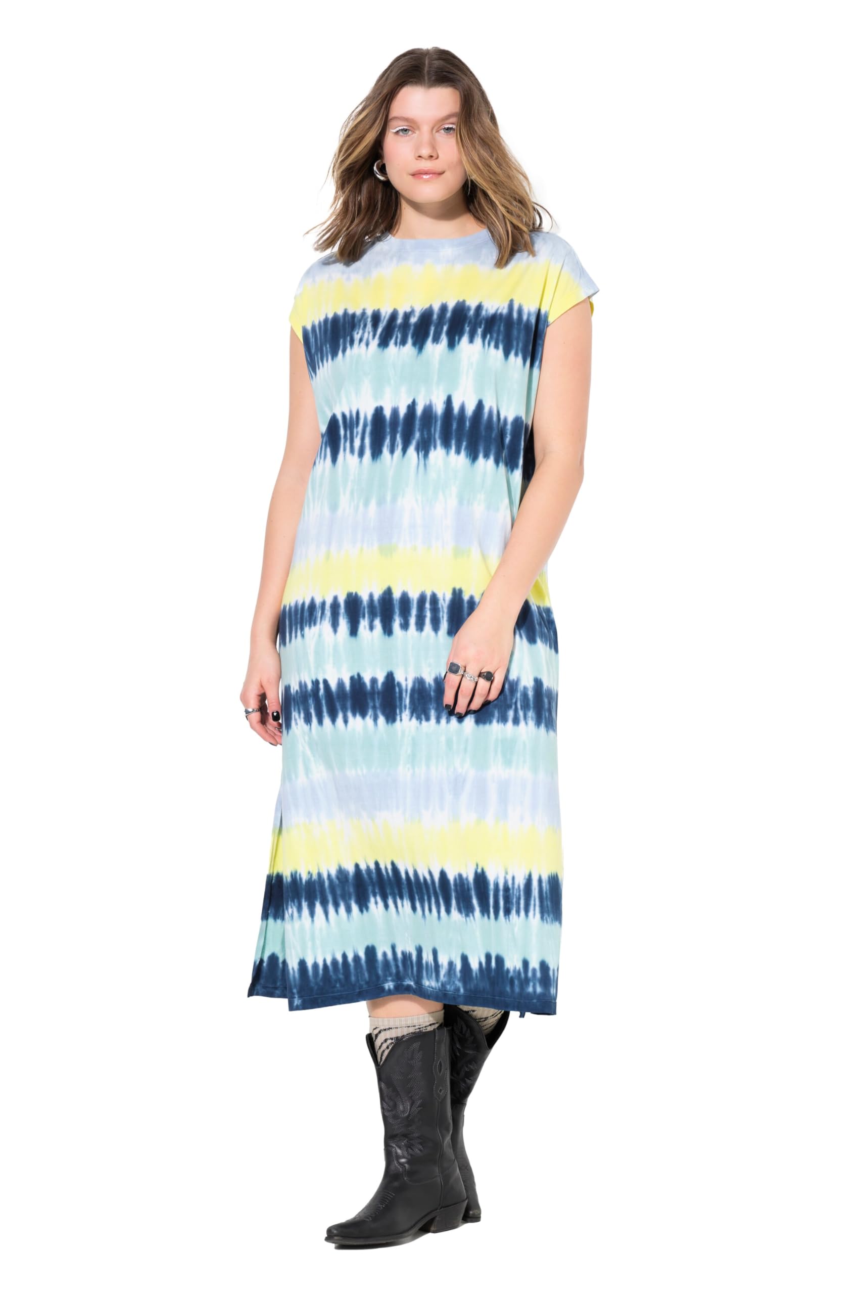 Studio Untold Damen große Größen Übergrößen Plus Size Jersey-Midikleid, leicht Oversized, Alloverprint, Schulter-Akzent. 839951