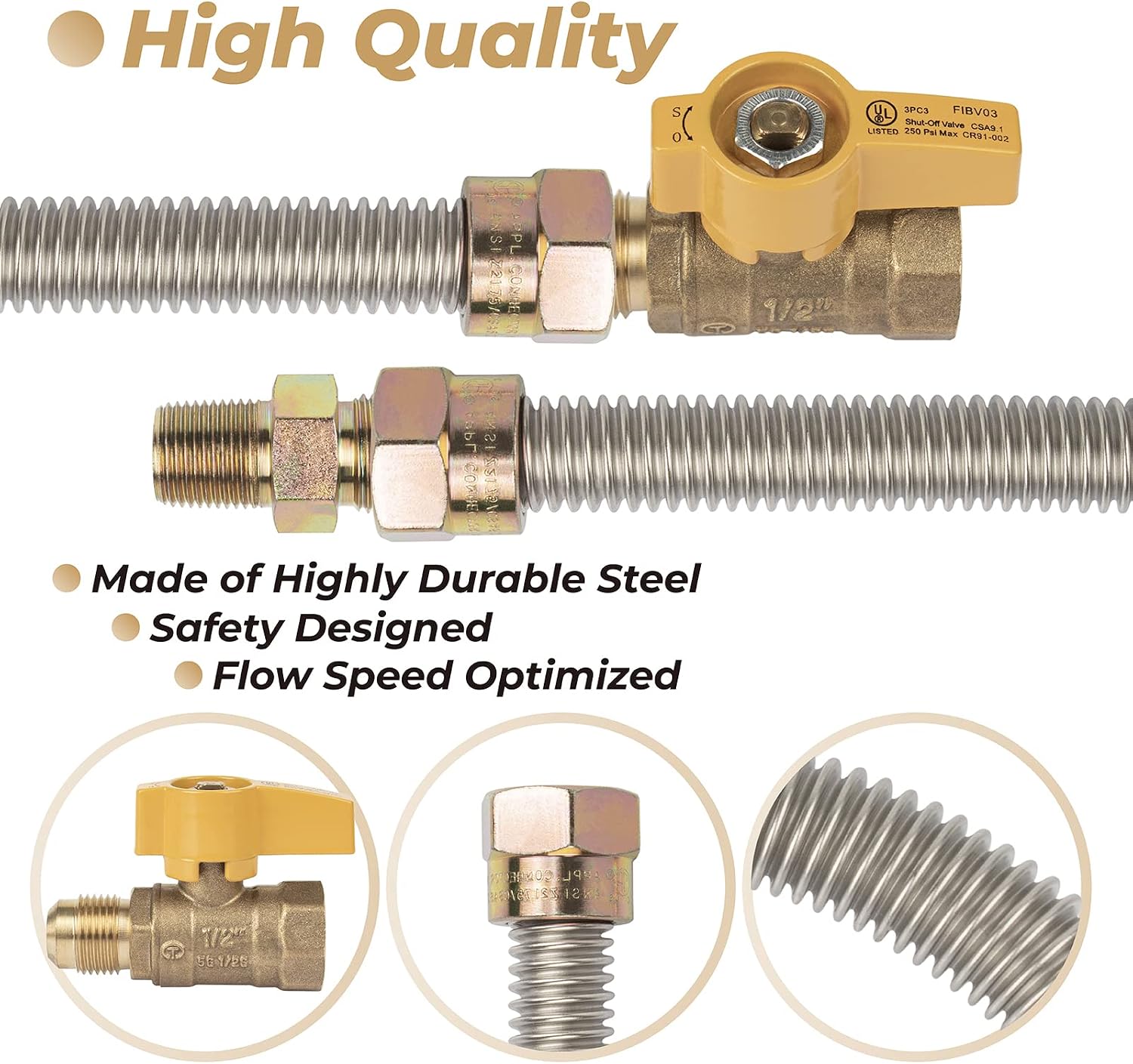 F271239 Gas Appliance Hook Up Kit, 22" Propane Heater Hook Up Kit with 1/2'' On/Off Valve & 3 Different Couplings for Garage Heaters, Gas Stoves, Wall Mounted Heaters, Gas Fireplace & Gas Dryer