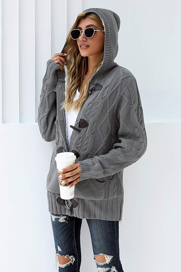 カーディガン HUECLOSET Button Double Hood Cardigan 25KERO366 Women's Cable Knit Hooded Cardigan Sweaters Button Down