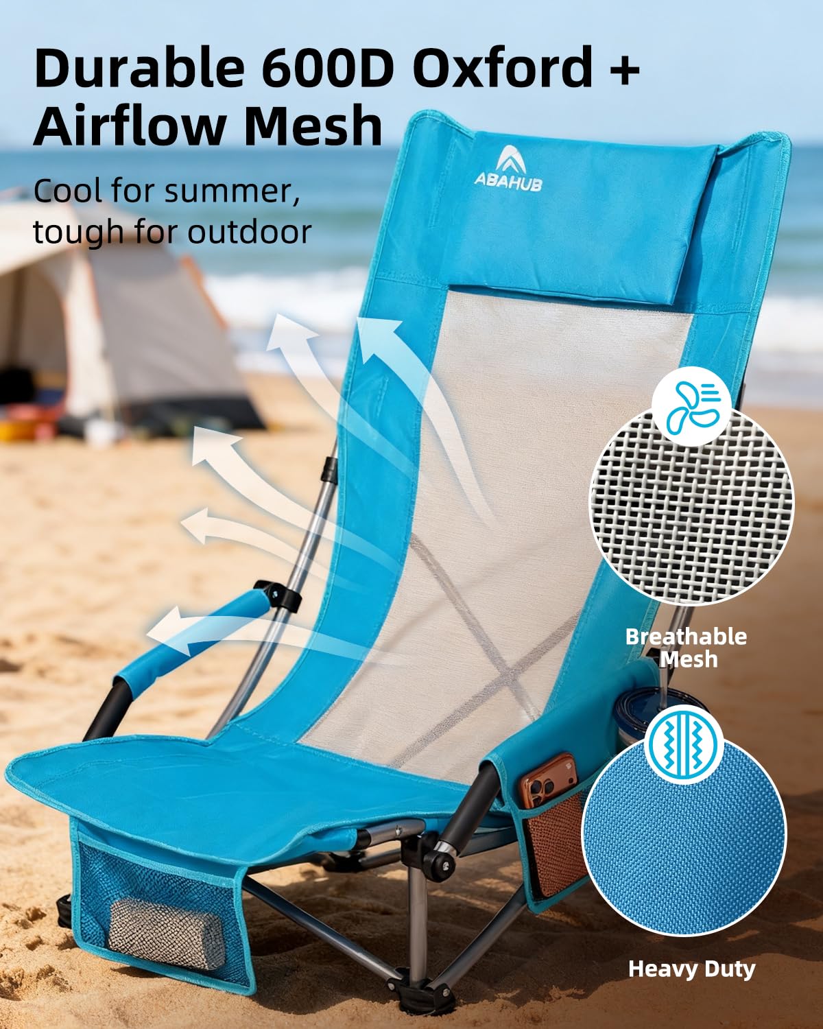 Abahub Strandstuhl Klappbar 120Kg mit Hochlehner Tragetasche Blau | Leicht Beach Chair Campingstuhl Faltbar Strandsitz Campingstuhl Klappstuhl Strand Bequem Tragbar Outdoor Camping 2 Stück