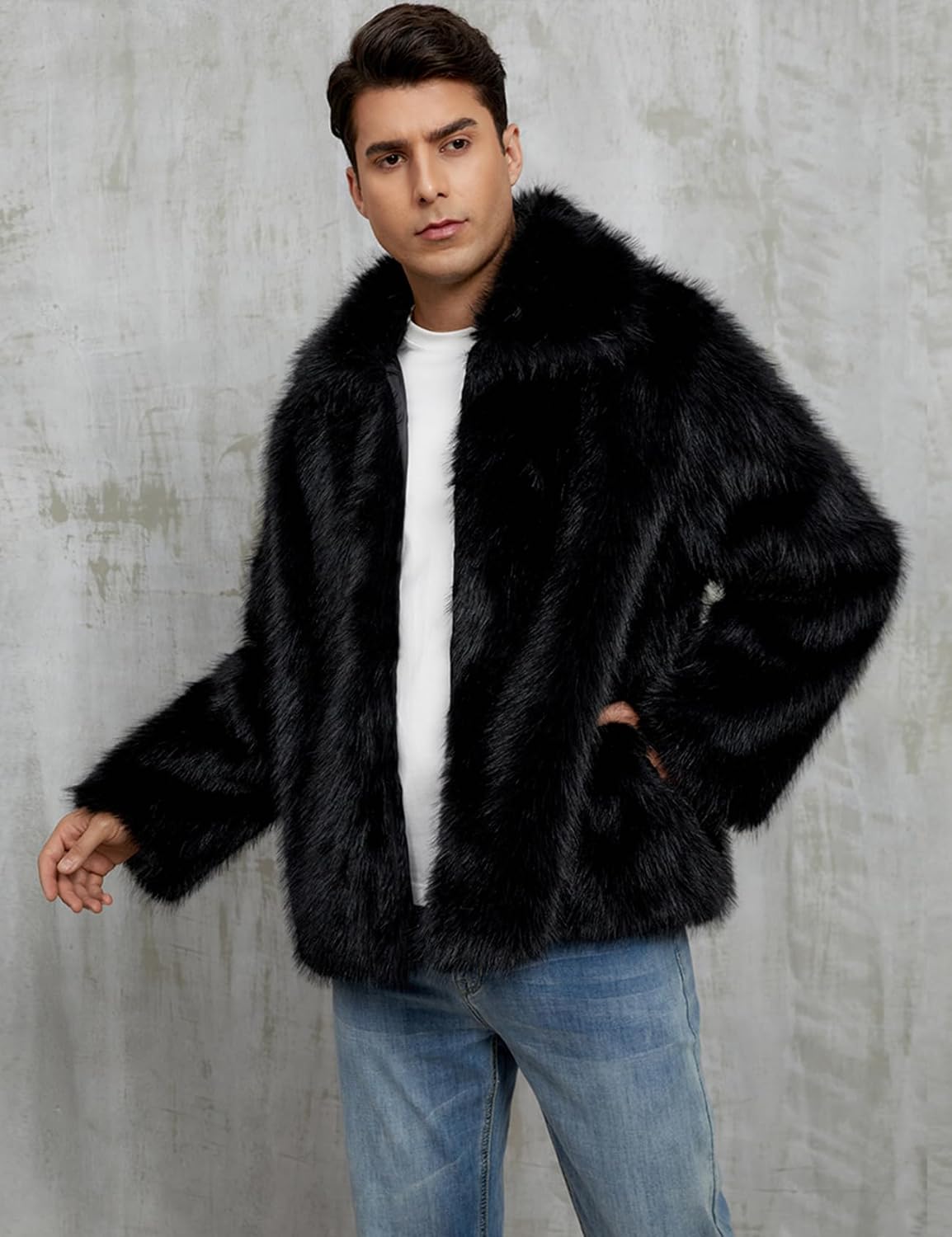 Arssm Mens Luxury Faux Fur Jacket Fluffy Furry Coats Lapel Collar Long Sleeve Outerwear Winter Warm Cardigans - Image 5