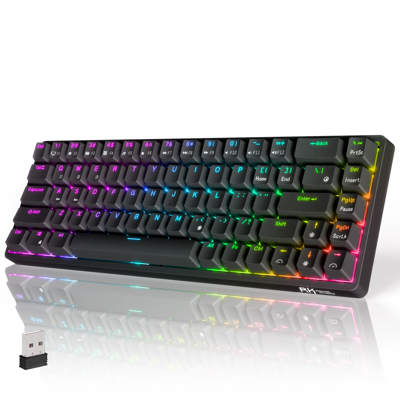 RK ROYAL KLUDGE RK G68 Wireless Mechanical Keyboard 2.4G/Bluetooth/Wired RGB Gaming Keyboard 65% US Layout Brown Switch for Win/Mac, Black
