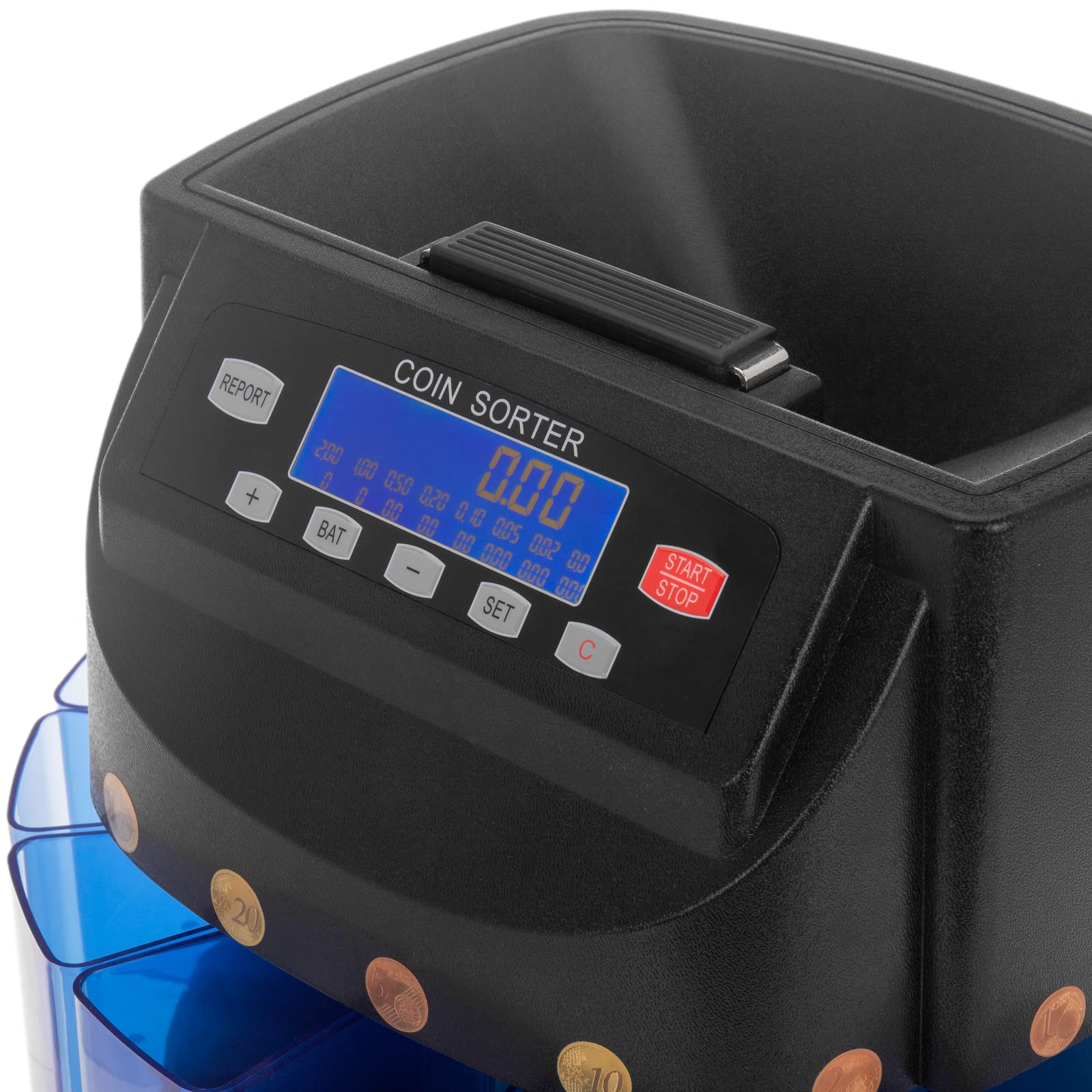 PrimeMatik - Contador de Monedas Negro para Euro con clasificador automático y Visor Multi-Moneda