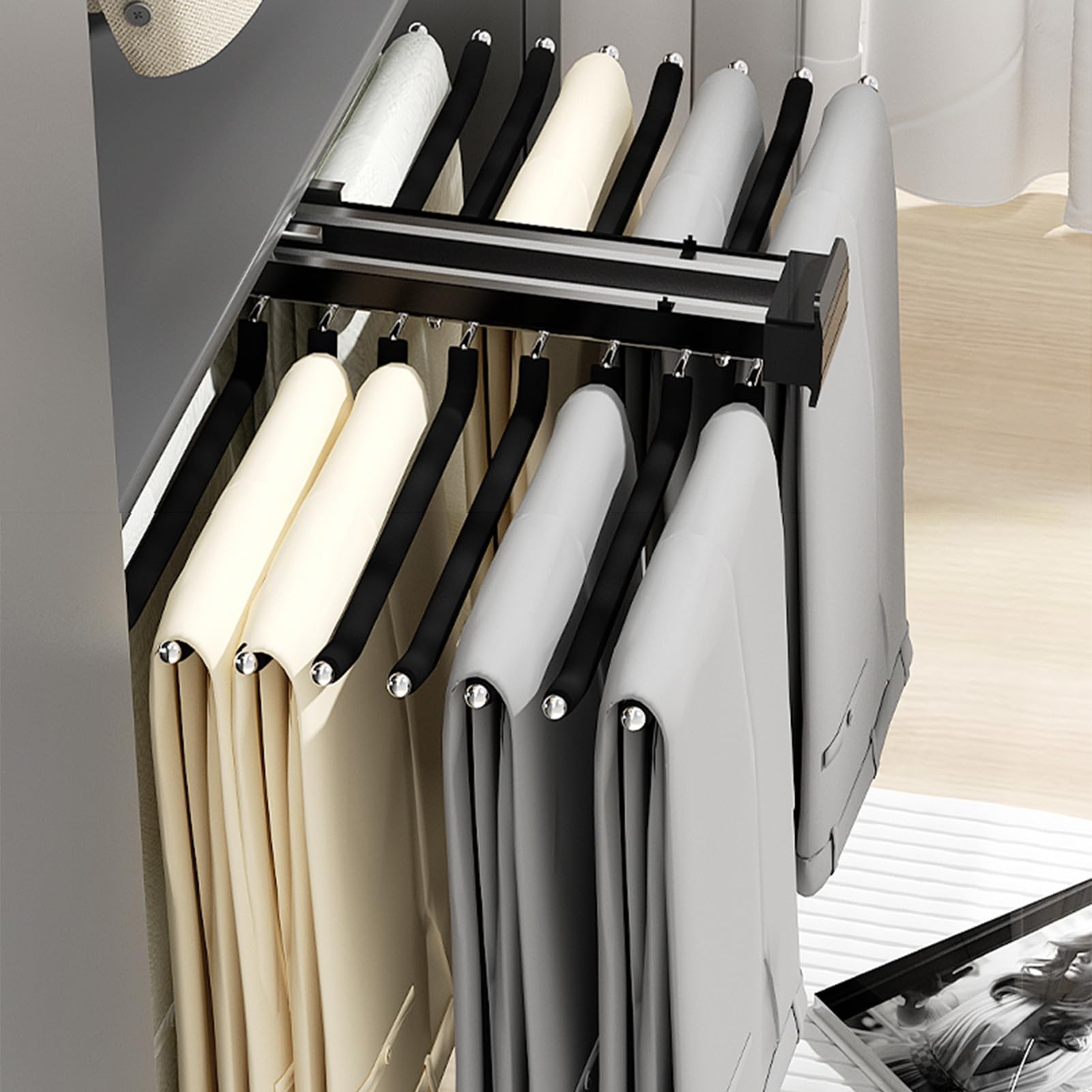 Corredera Percha Extensible, para Armario O Vestidor Acero Inoxidable Organizador para Colgar Ropa, Perchero Colgador De Riel para Armario con Ahorro Espacio,Negro