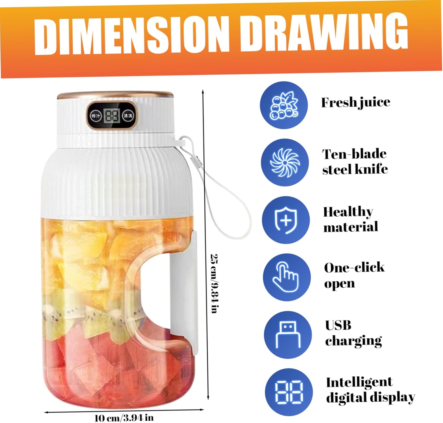 Portable Juicer 1200ml 2-in-1 Portable Blender Cup with Digital Display, USB Rechargeable Portable Juicer Blender with Ergonomic Grip for Shakes & Juice Portable Blender