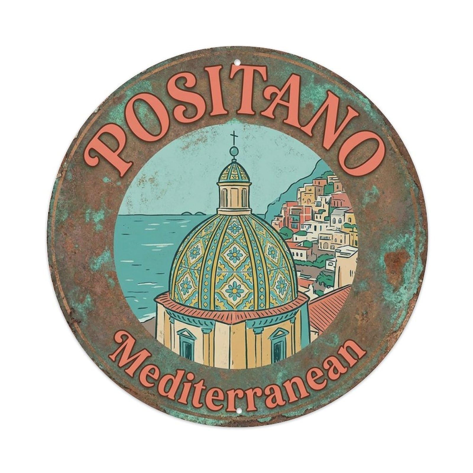 Amalfi Coast Positano Mediterranean Crest Retro Seaside Metal Tin Sign Plaque Wall Decor for Cafe, Man Cave, Club Bar, Office, Home Garden Round Metal Poster 8x8Inch