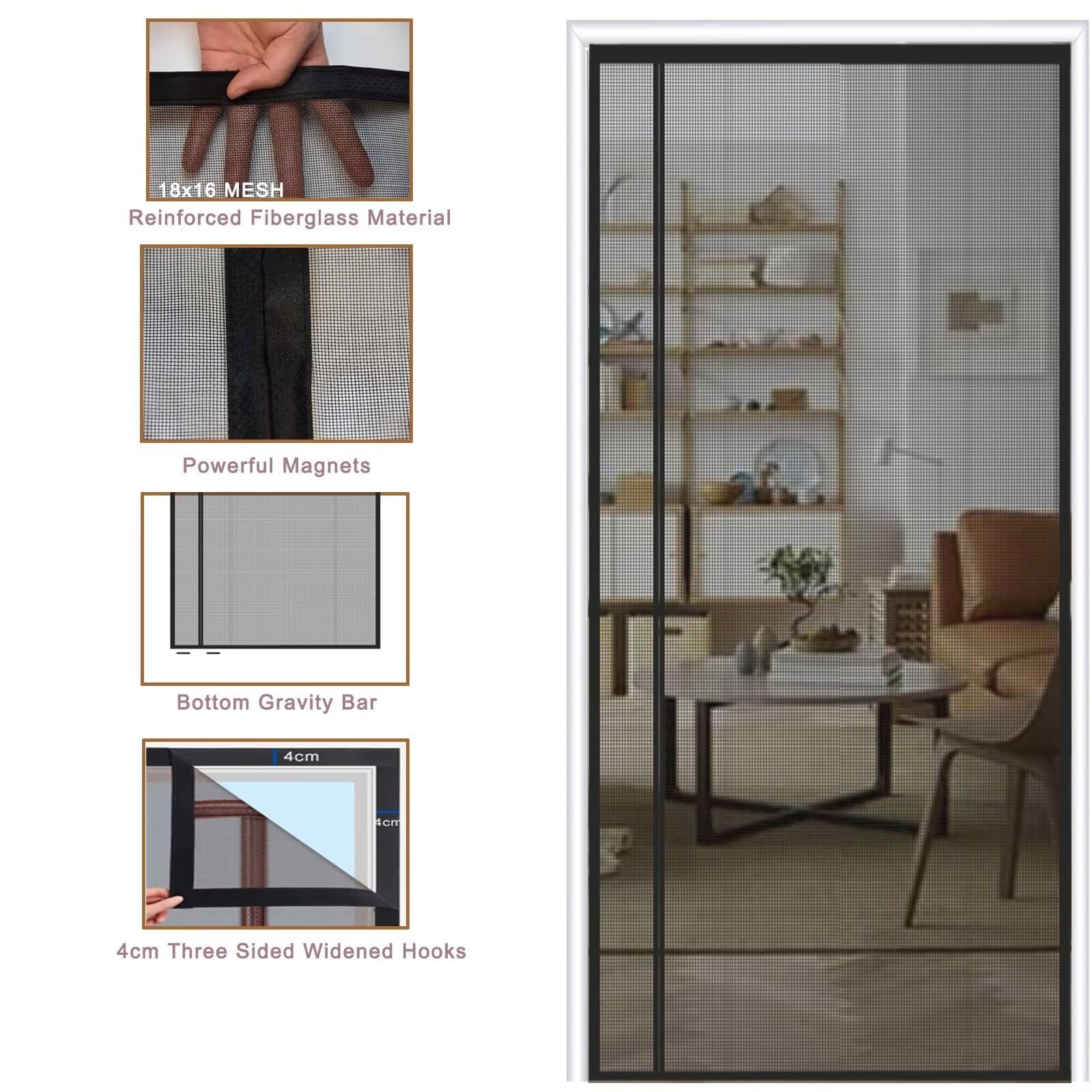 Fliegengitter Tür Magnet 150x210cm Seitenöffnung Fiberglas, Reversible Links Rechts Balkontür Fliegengitter Insektenschutz Fliegenvorhang ohne Bohren für die Balkontür Terrassentür，Schwarz