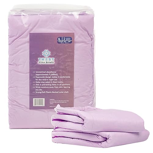 TREST Elite Briefs for Men and Women, Overnight Diapers for Incontinence, Elite Absorbency, Comfortable, Odor Neutralizing and Secure Fit with 2 Wide Tabs - Purple, Large (Pack of 2) - Purple - Large (Pack of 2)