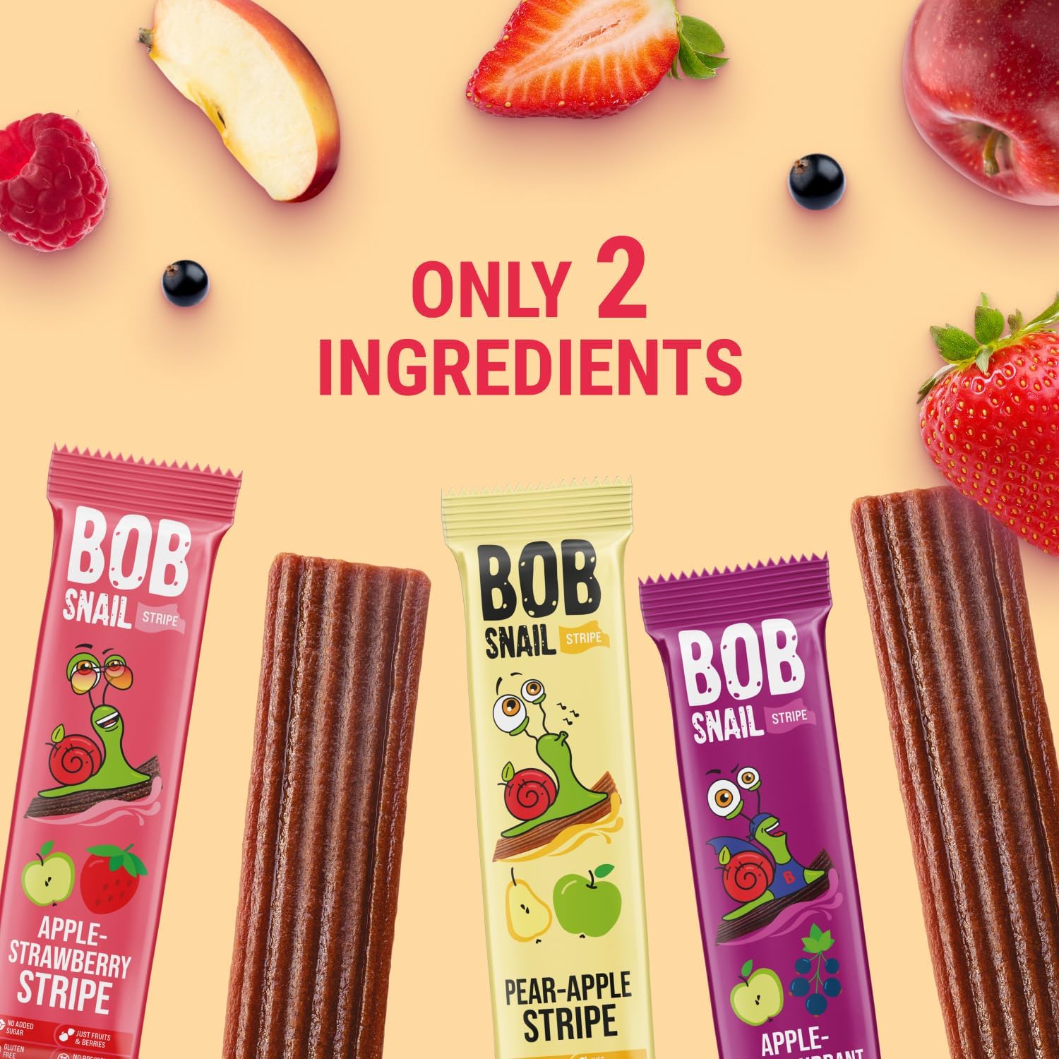 BOB SNAIL Healthy Fruit Snacks for Kids and Adults–30 Fruit Leather Snacks with Apple-Pear, Strawberry, Black Currant–Vegan Low-Carb Variety Pack Strips for Kids–Sugar Free Jerky Bars