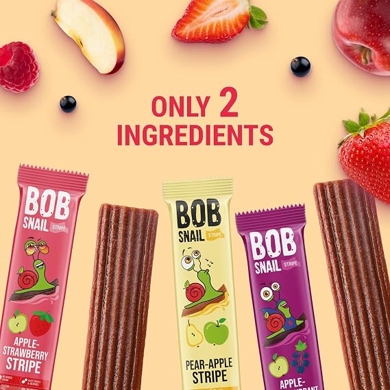BOB SNAIL Healthy Fruit Snacks for Kids and Adults30 Fruit Leather Snacks with Apple-Pear, Strawberry, Black CurrantVegan Low-Carb Variety Pack Strips for KidsSugar Free Jerky Bars