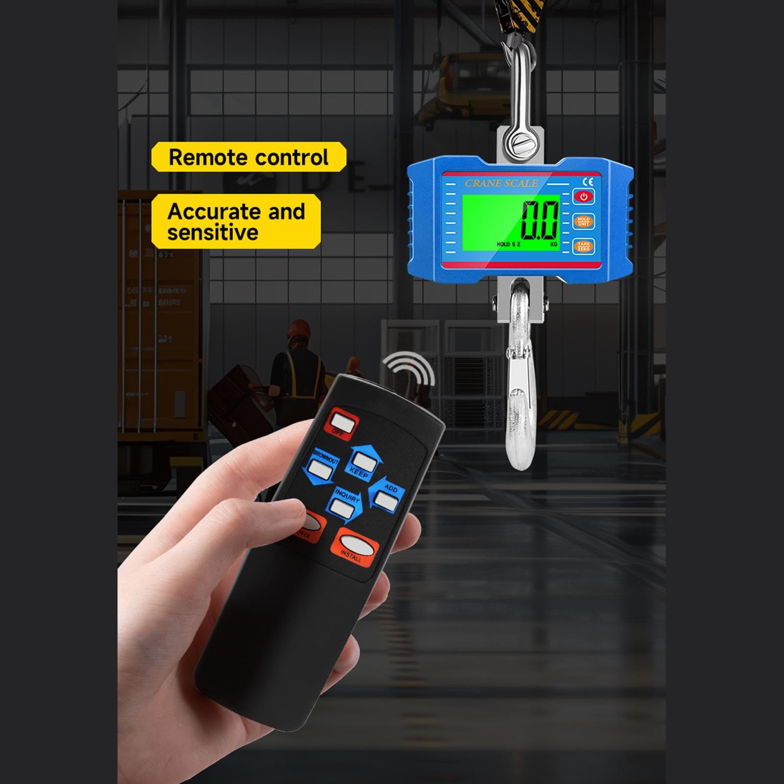 Digitale Kranwaage, 2000 Kg Schwere Industrielle Hängewaage mit Fernbedienung, LCD-Hintergrundbeleuchtung, Geräteschalter, Datenspeicherung, Tara und Zurücksetzen, Kranwaage
