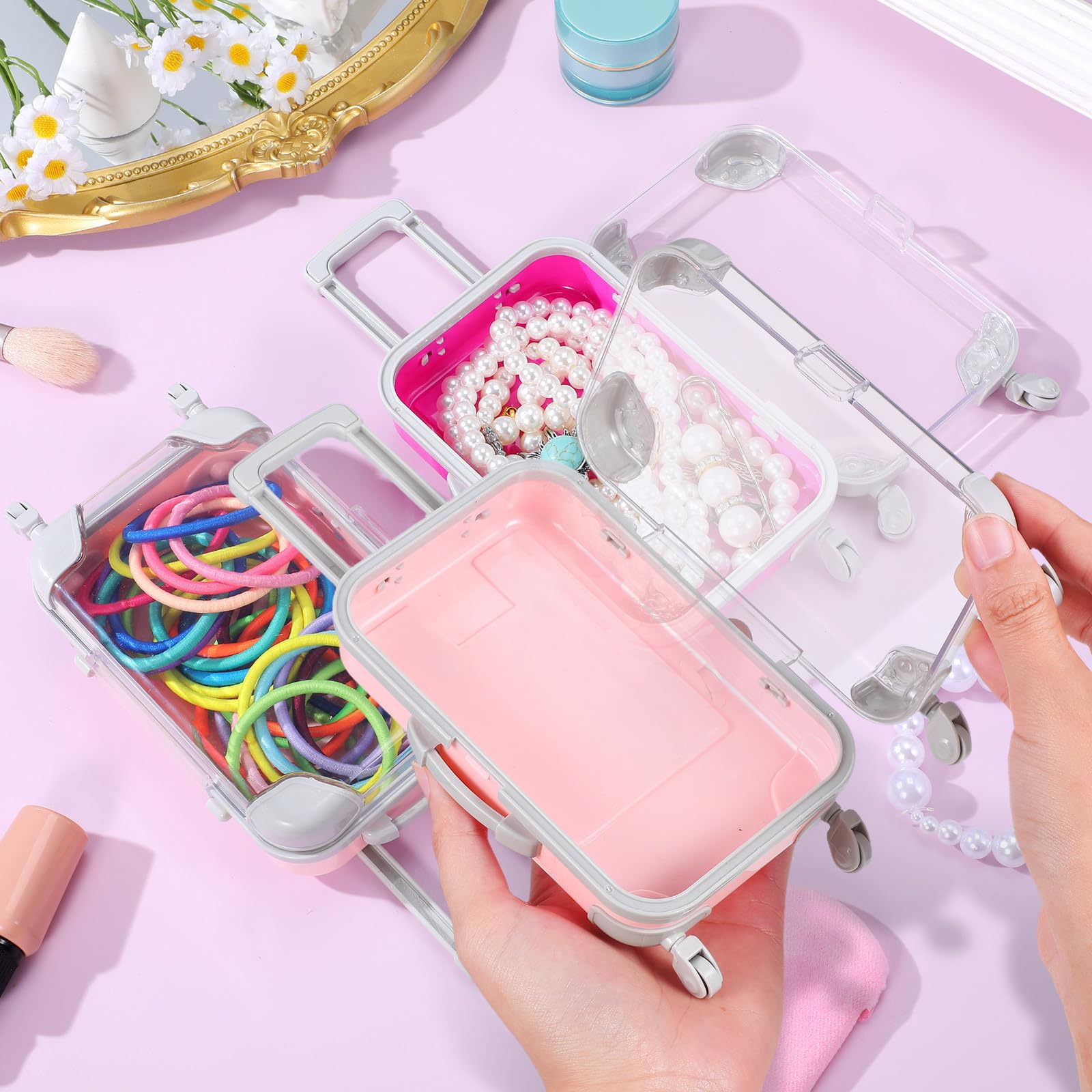 Abaodam Set 4 Pezzi Astuccio Portatrucchi da Viaggio in Plastica Rosa, Compatto e Portatile per Organizzare Strumenti di Bellezza, per Donne Professioniste in Viaggio