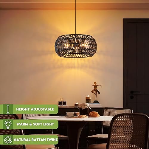 Miniatura 53 de Lámpara de ratán estilo bohemio, lámpara de techo de ratán empotrada, lámpara de techo tejida pequeña de madera, candelabro de ratán