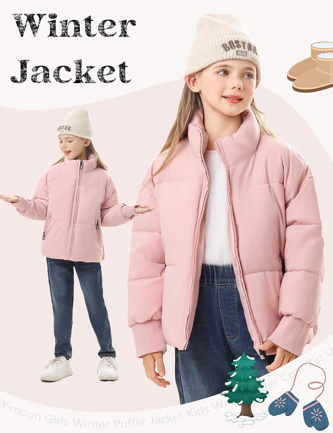 Girls Winter Puffer Jacket Warm Cropped Quilted Jacket Zip Up Puffy Coat 7-16 Years