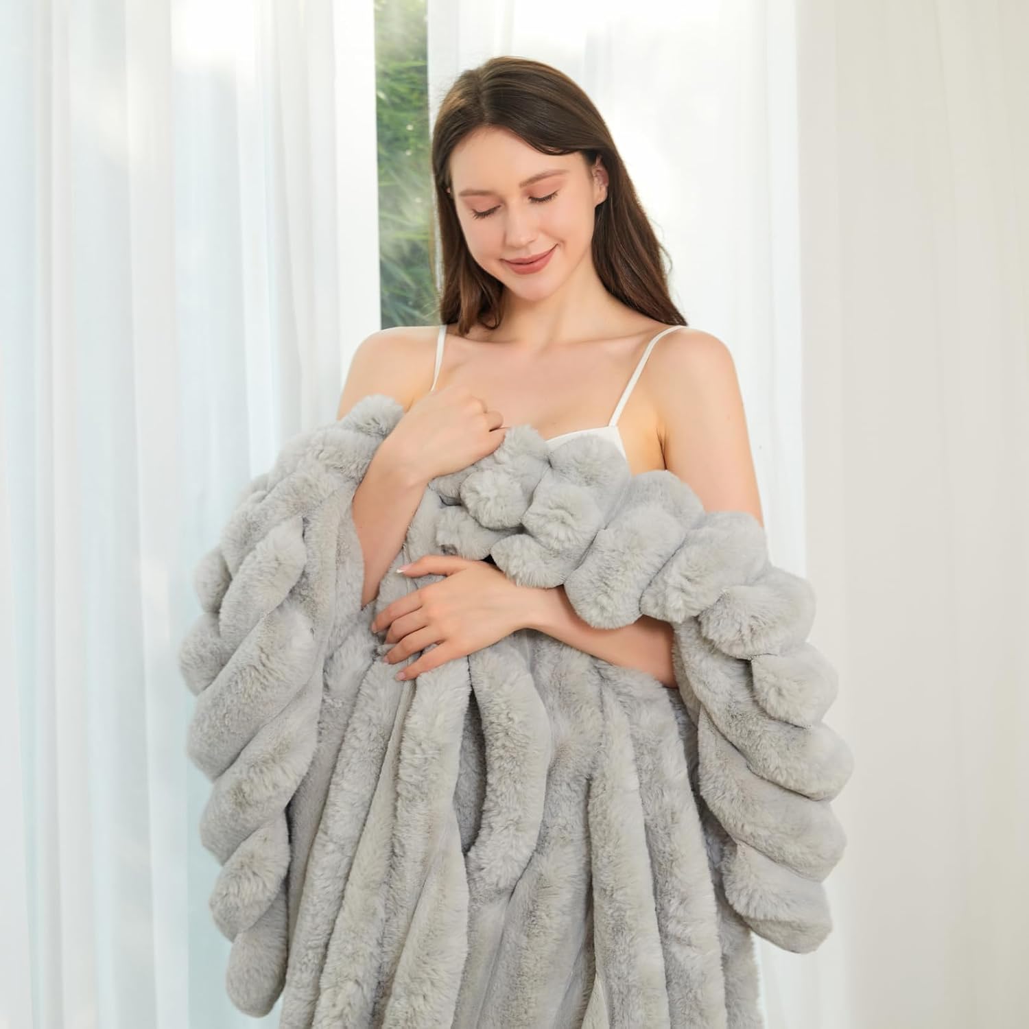 The Nantucket Blanket - LuxeComfort Faux Fur Striped Blanket 60"x70" Pebble Grey - Luxuriously Soft Cozy Warm Gift for Women, Plush Silky Fuzzy Heavyweight Reversible Design Home Decor - Image 7