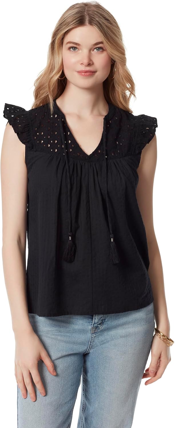 Jessica Simpson Womens Alisha Boho Ruffle Cap Sleeve Tie Front Pullover Top Standard