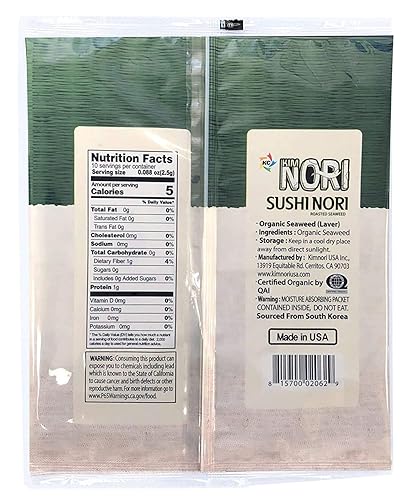 Miniatura 2 de Paquete de 10 rollos de algas tostadas de KIMNORI Sushi Nori de tamaño completo, orgánico, 0.88 oz, Laver, USDA ORGANIC, sin gluten, sin MSG, sin