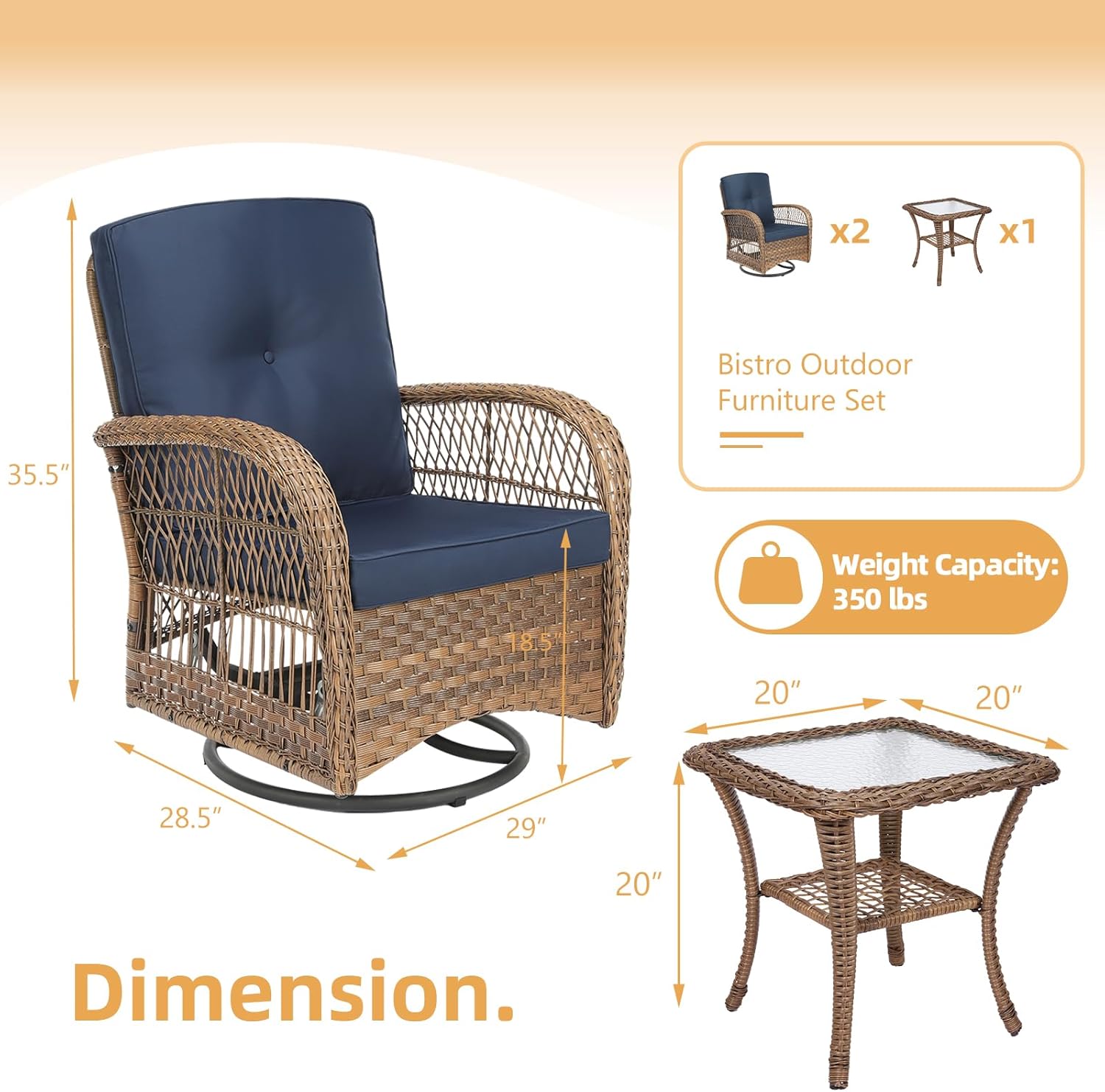 3 Pieces Wicker Patio Bistro Set, Outdoor Furniture Patio Conversation Set of 360 Degree Swivel Glider Rocker Chair with Thickened Cushions and Glass Coffee Table for Backyard (Navy Blue)