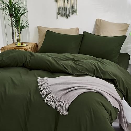 Miniatura 3 de Houseri Juego de edredón, color verde militar (tamaño matrimonial), ropa de cama de 3 piezas con 1 edredón y 2 fundas de almohada, estilo moderno de