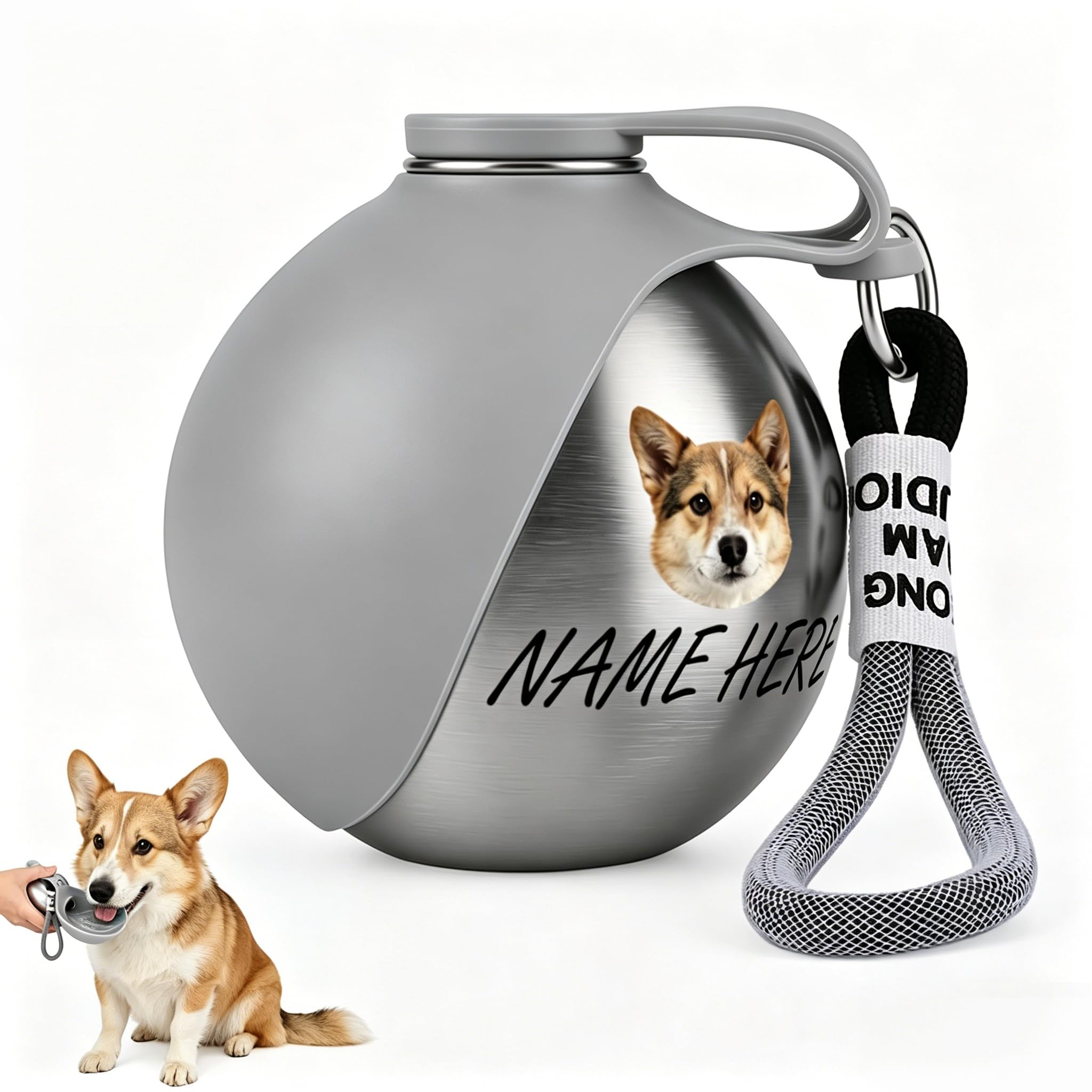 Personalised Dog Water Bottle for Walking with Photo & Name, Custom 2 in 1 Portable Pet Water Bottle, Stainless Steel Dog Travel Bottle & Silicone Bowl for Walks, Hikes, Road Trips, Park Visits (Grey)