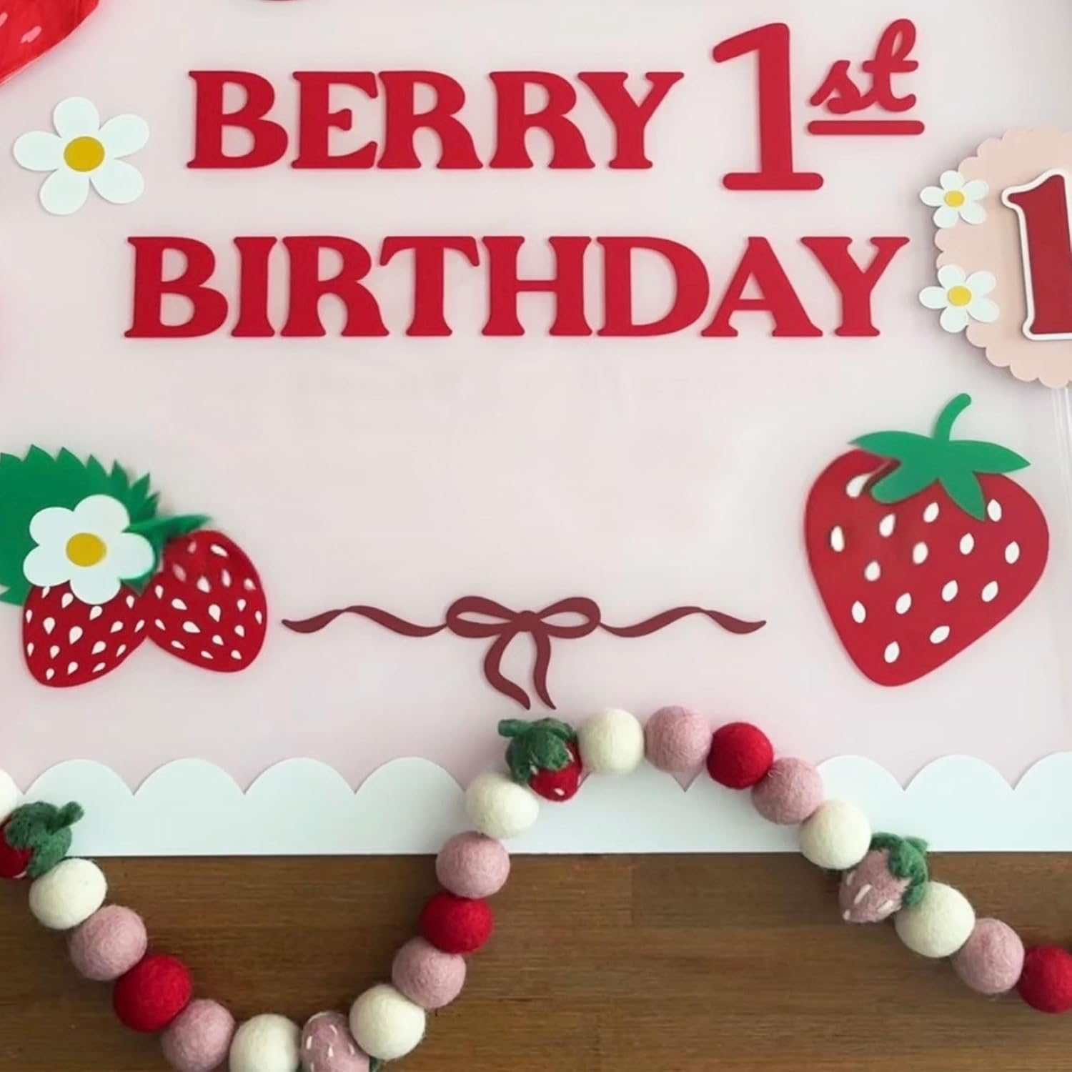Strawberry Garland, Strawberry Birthday Decorations, Hand-Dyed Wool Red, White, Pink Felt Ball Berry Banner for Party, Baby Shower, Nursery, Classroom Wall Decor