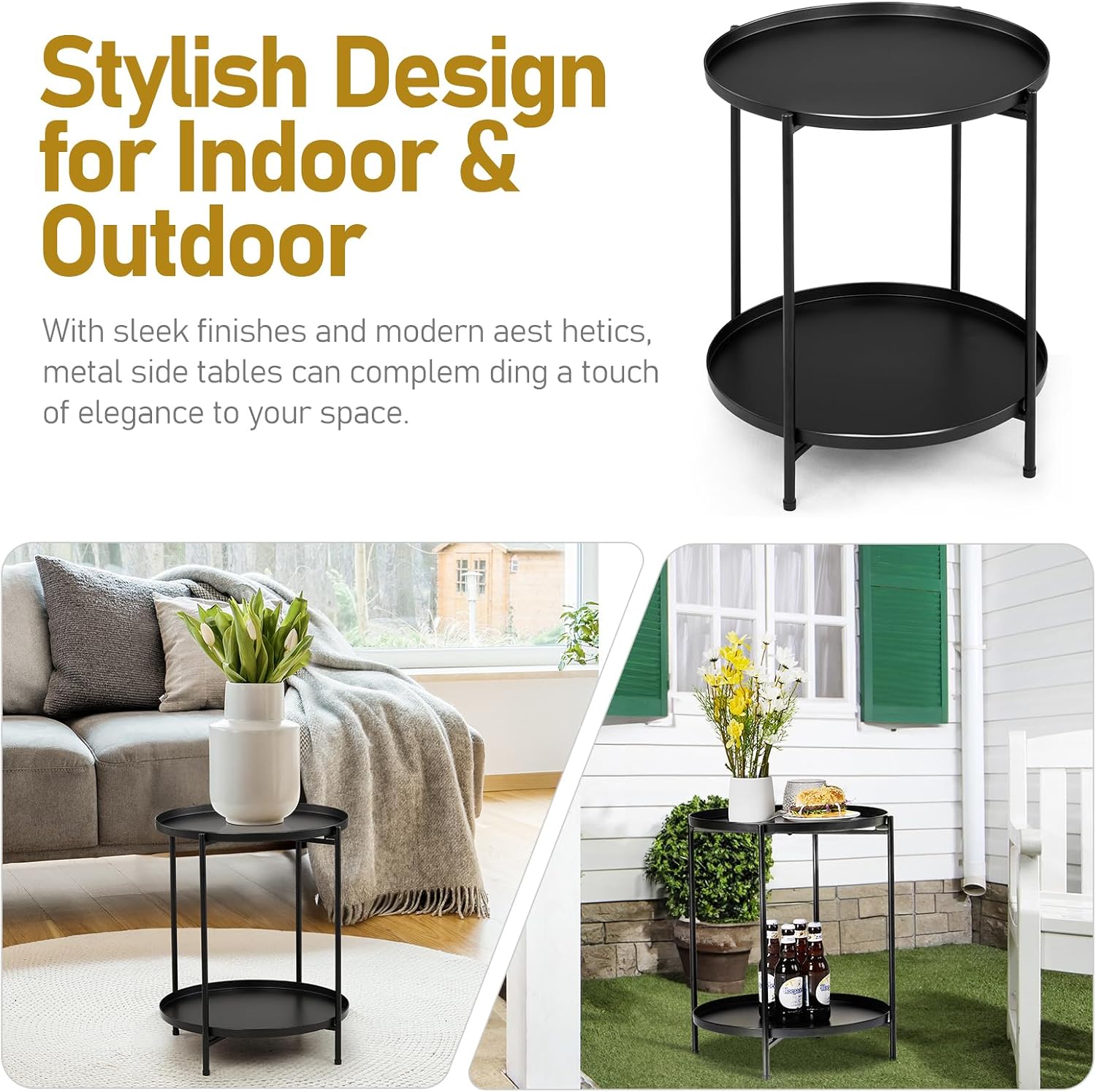 Outvita 2 Tier End Table, Metal Side Table with Removable Tray Indoor and Outdoor,Small Waterproof Accent Table for Bedroom Balcony Patio Living Room and Office, Set of 2(Black)