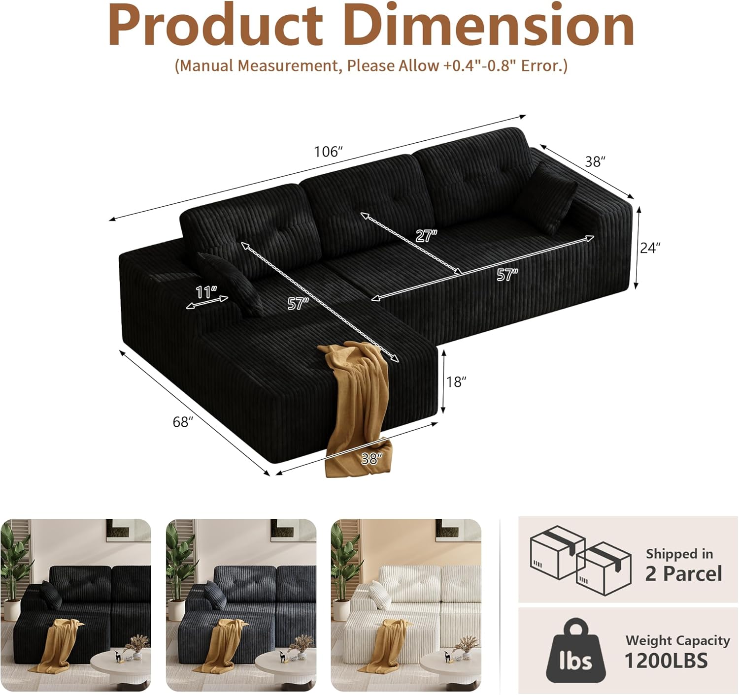 Ball & Cast 106" Modular Sectional Sofa, Cloud Corduroy Couch with Deep Seat, Boneless L-Shaped Sectional, Upholstered Modular Sofa for Living Room, No Assembly Required (Black, Left Facing Chaise)