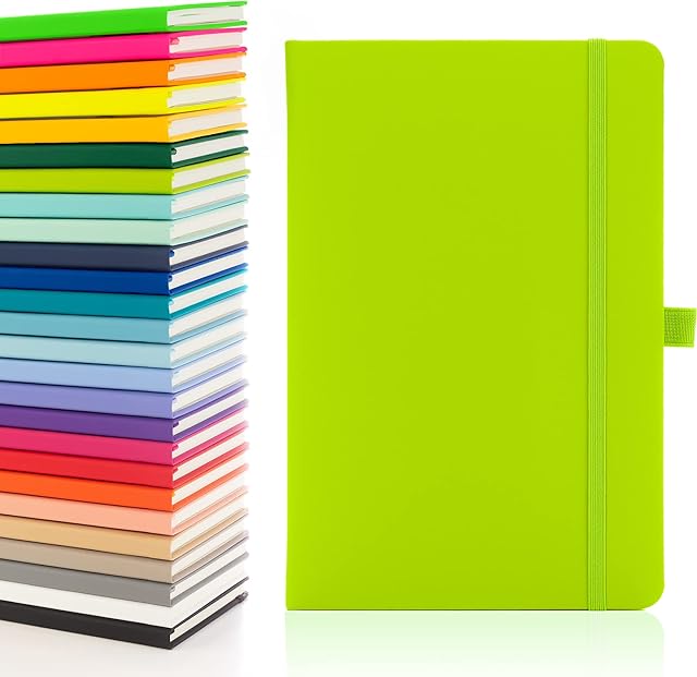 Notes London Eco A5 Notebook with Lined Pages, Pen Loop, Ribbon, Date Marks and Paper Pocket, Medium Hardback Journal, Note, Sustainably sourced paper (Lime)
