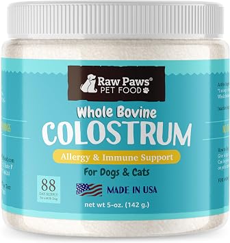 Raw Paws Pet Bovine Colostrum for Dogs Allergies & Immune Support 5-Ounce - Made in USA - Colostrum for Cats - Senior Dog Supplements - Itchy Skin Treatment - All Ages, Sizes & Breeds