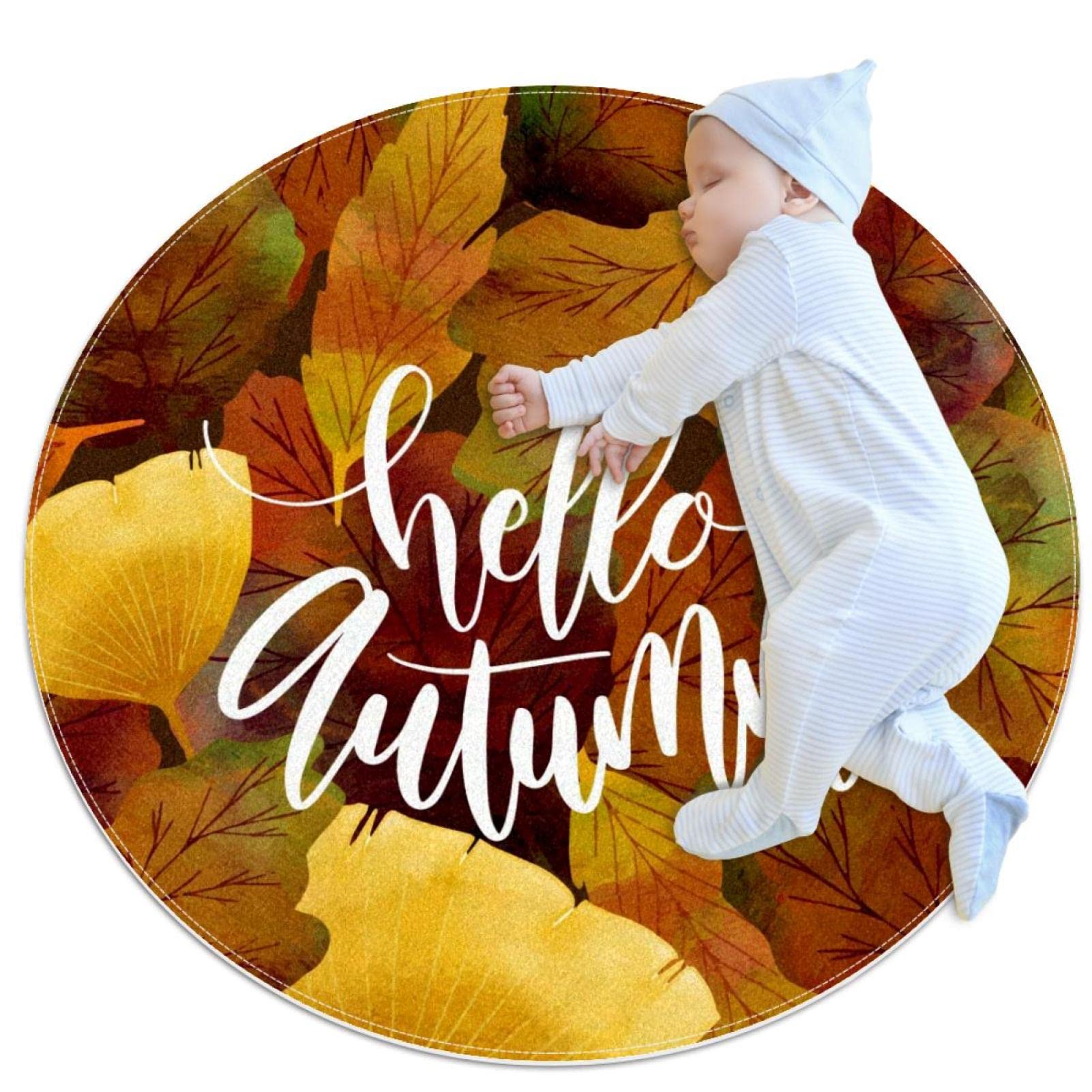 Tapis rond aquarelle feuilles d'automne 1m de diamètre antidérapant chambre et bain