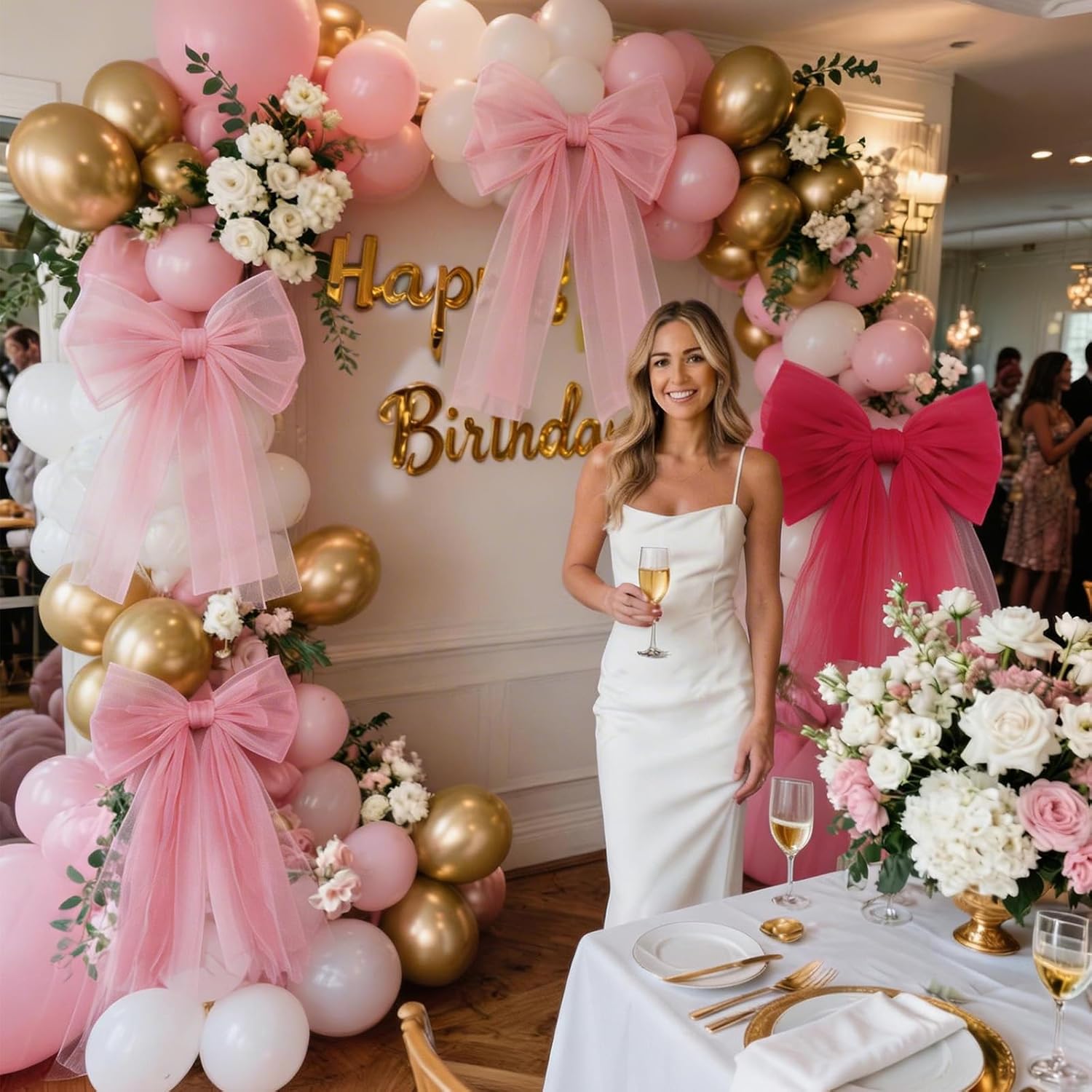 6 Pcs Large Mesh Bows for Backdrop Decor Cute Giant Premade Bows Big Tie Hanging Wall Decor for Coquette Room Graduation Baby Shower Birthday Wedding Bridal Shower, Iron-Free(Pink)