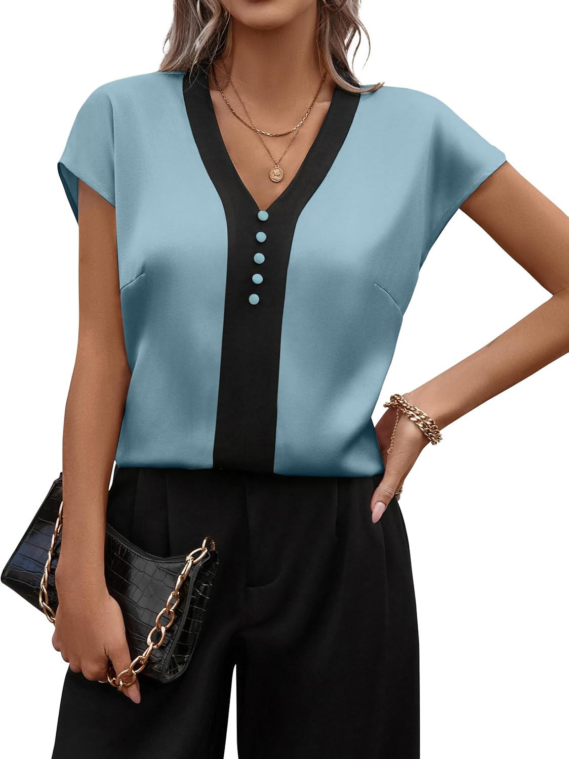 Fayenne Womens Tops Dressy Casual V Neck Color Block Short Sleeve Blouse Business Casual Tops Satin Silk Work Summer Shirt