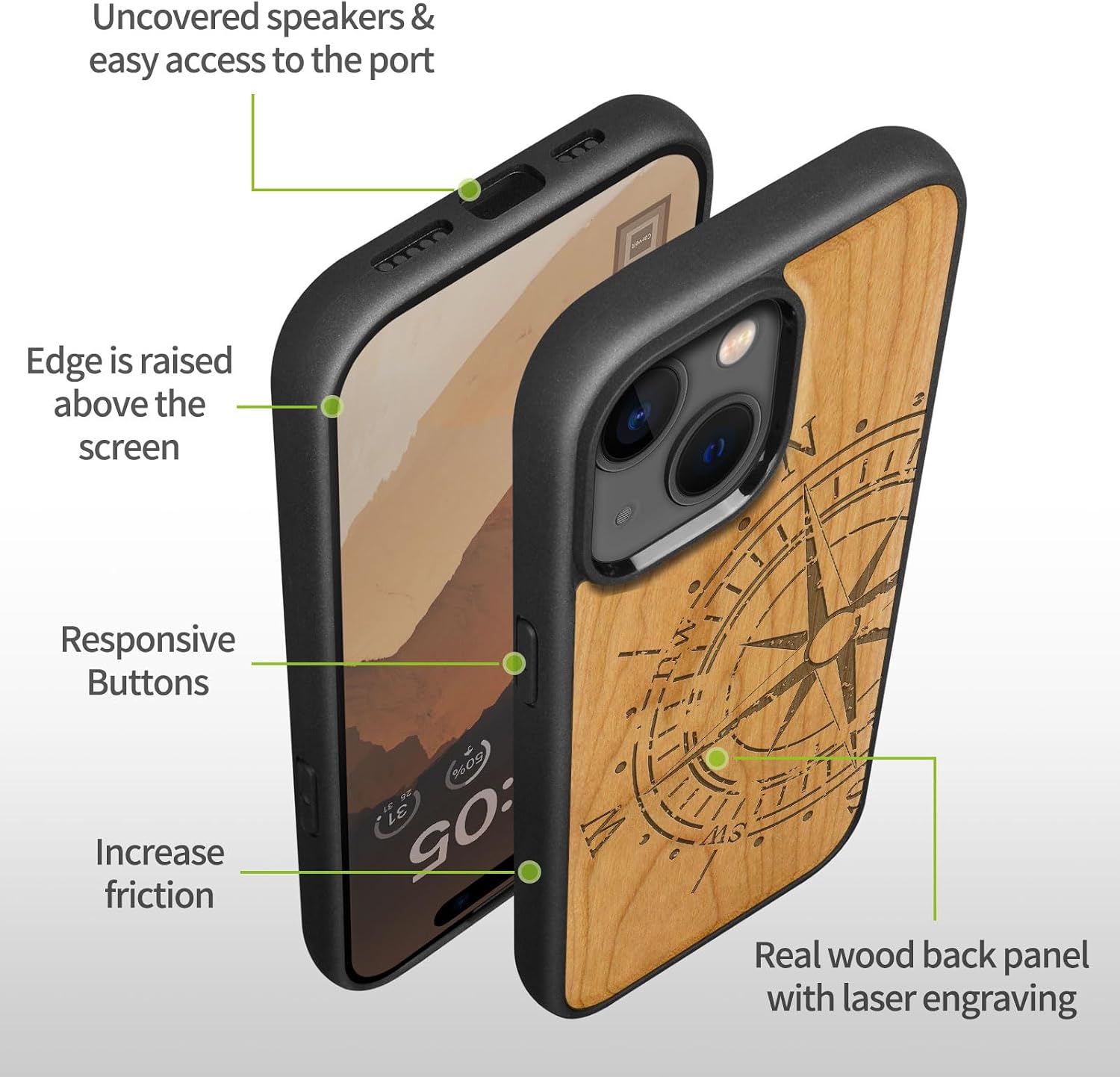 Carveit Magnetic Wooden Case for iPhone 15 Case, Compatible with MagSafe Wireless Chargers, Black Soft TPU Shockproof Cover & Wood Artisan Engraved (Incomplete Compass) - Cherry