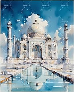 Mughal Architecture Paint by Numbers Kit for Adults - DIY Taj Mahal and Pool Reflection Painting on Canvas 16x20 Inches, Acrylic Paint Set for Beginners, Art for Home Decoration or Gifts