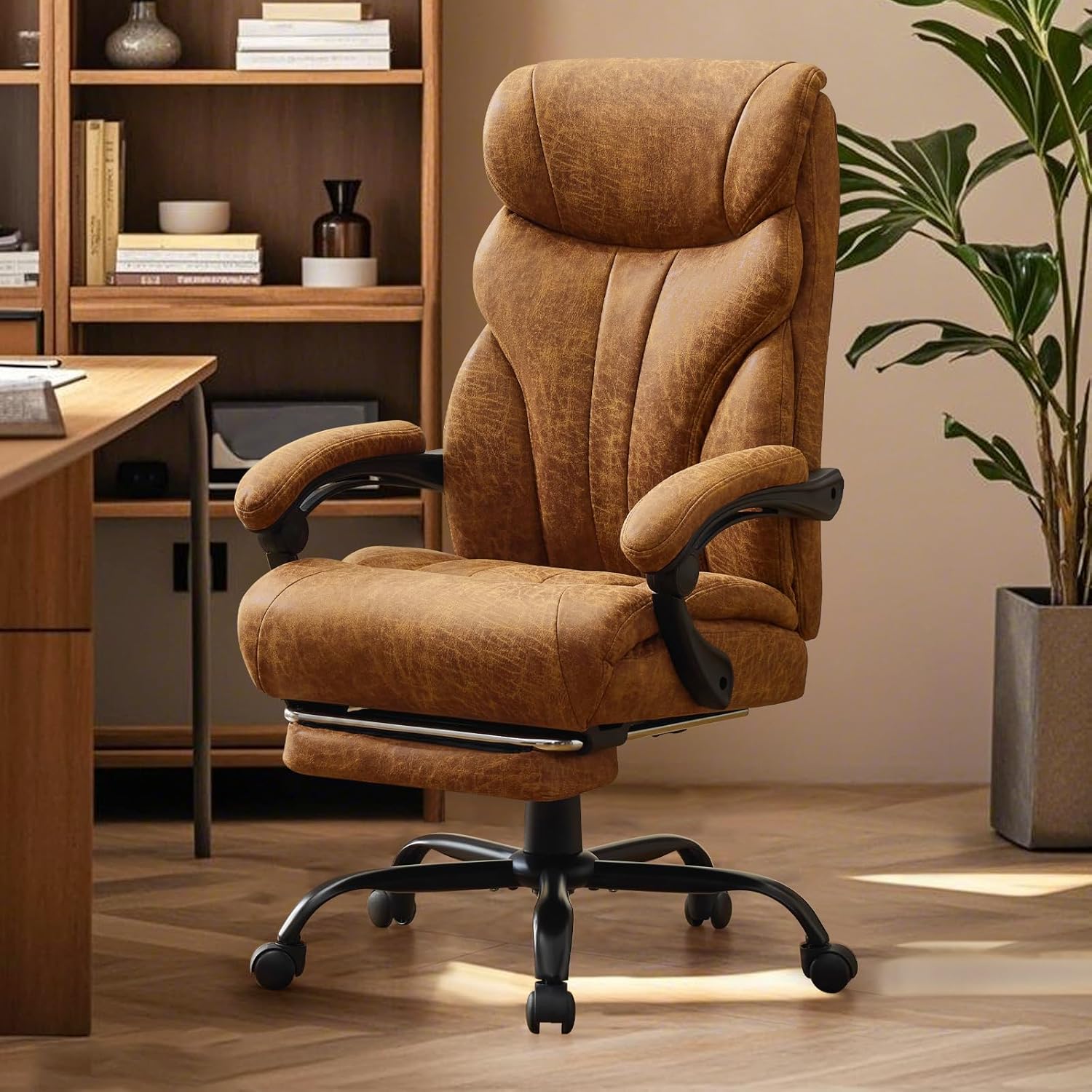 Big and Tall Office Chair 500LBS with Footrest, Ergonomic Leather Executive Chair with Adjustable Height & Flip-up Armrests, Wide Reclining Computer Desk Chair for Home Office or Gaming, Brown