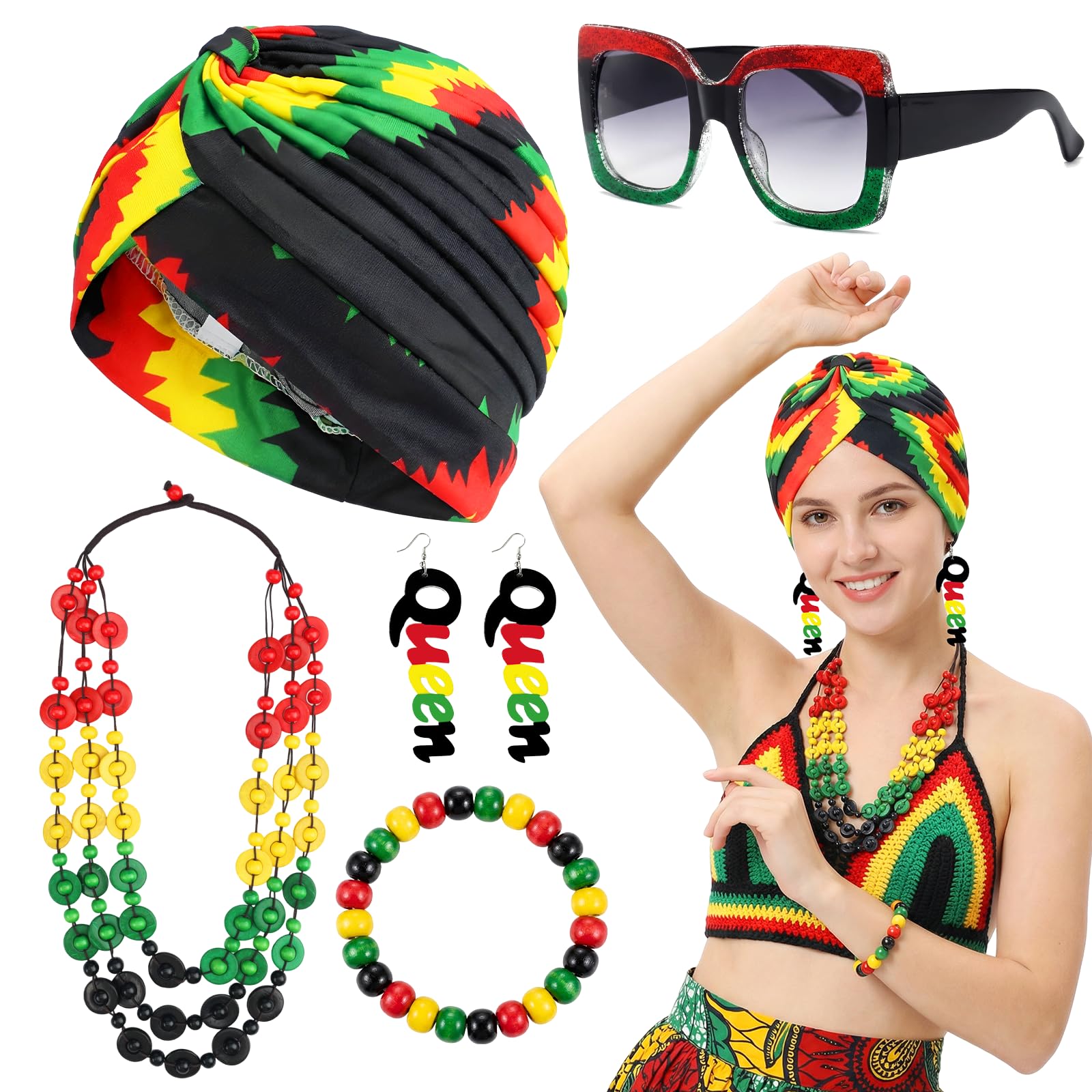 Kyndara 5Pcs Reggae Costume Accessories Set for Women, Jamaican Outfit Kit with Head Wrap Sunglasses Earrings Necklace Bracelet for Themed Party Carnival Masquerade Cosplay