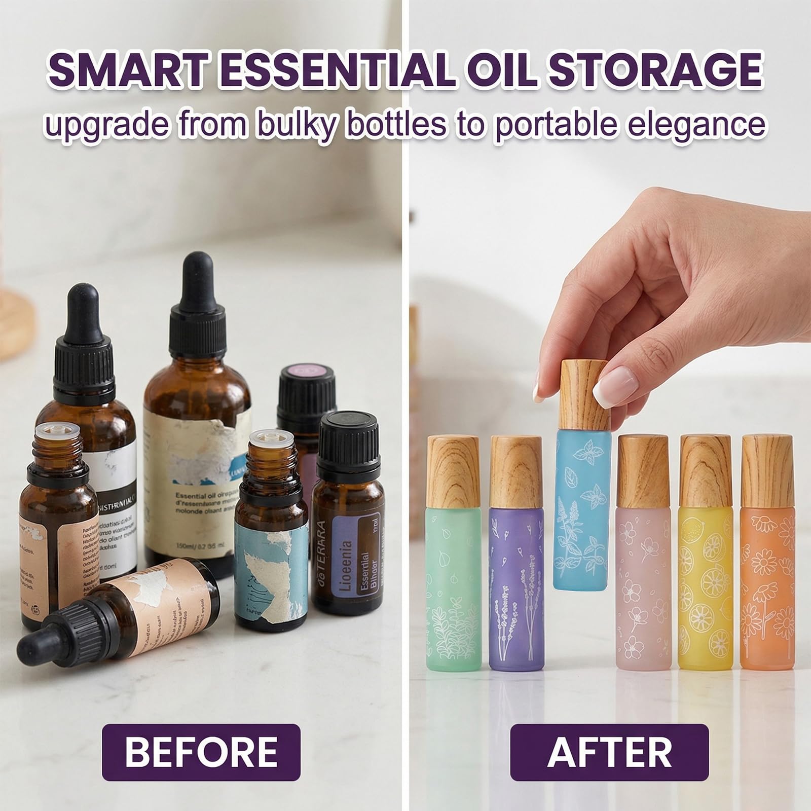 6 Pcs 10ml Roll On Aceites Esenciales,con Bolas de Acero Inoxidable,Rellenable Perfume Roll On,para Masajes, Mezclas de Aromaterapia, Perfumes
