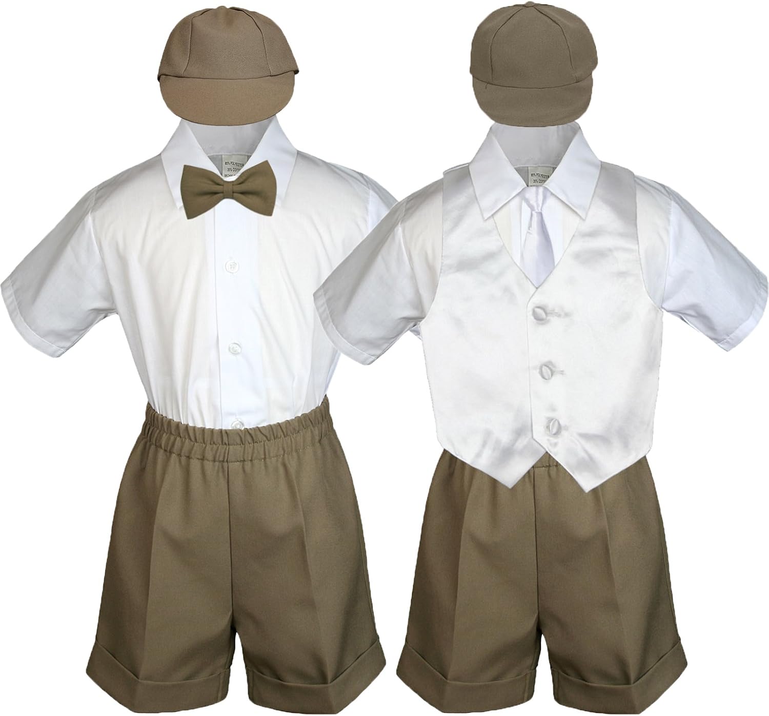 Baby Toddler Boy Party Suit Dark Taupe Shorts Shirt Hat Necktie Vest Set Sm-4T (Medium (6-12 Mohths), White)