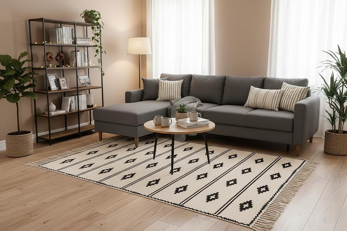Iryaa Homes Carpet With Handblock Print| Soft, Durable And Stylish Area Rug| Printed Washable Carpet for Living Room, Bedroom | Handmade with100% Cotton (Black)