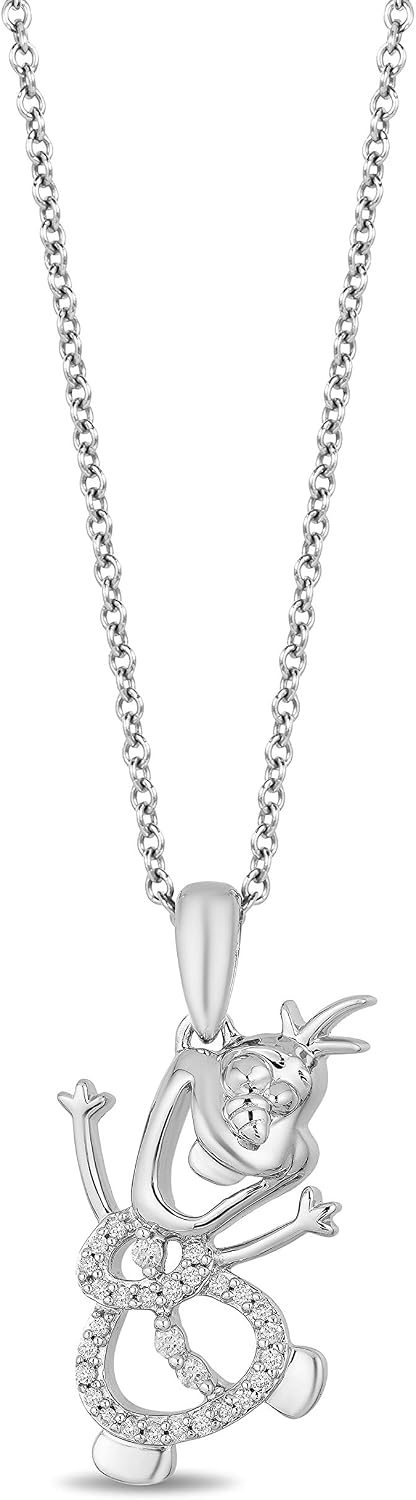 Jewelili Enchanted Disney Fine Jewelry Sterling Silver 1/10CTTW Elsa Olaf Pendant